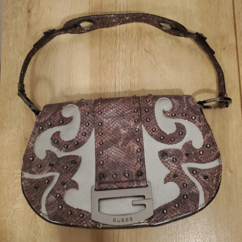 Guess Y2K Shoulder Bag Purple Snakeskin and Silver